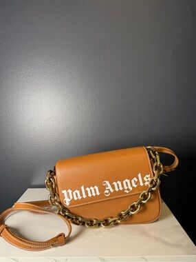 Palm Angels Tan Leather Crossbody with White Logo